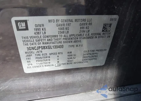 2016 Chevrolet Trax Lt из США, поврежденный, VIN 3GNCJPSBXGL139400